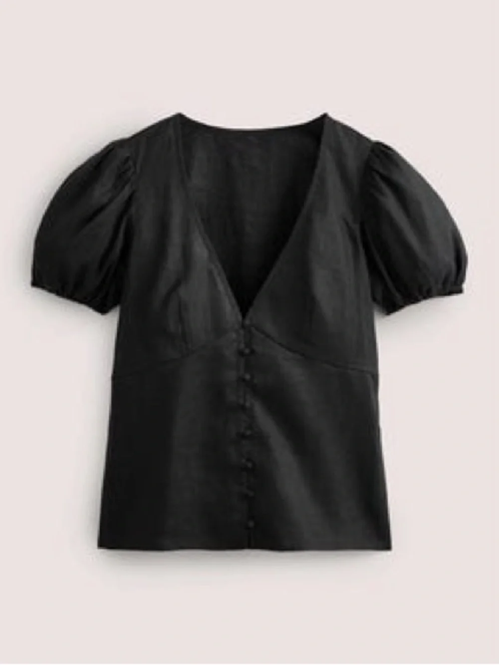 Boden Black Linen Puff Sleeve V-Neck Button Front Blouse Size US 10